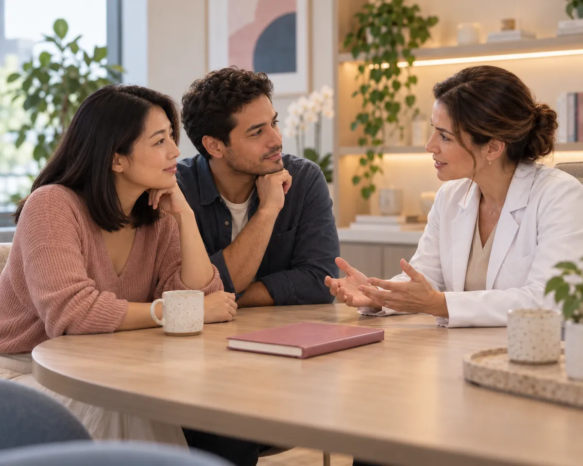 Casal conversa com a médica no consultório, com um caderno sobre a mesa.