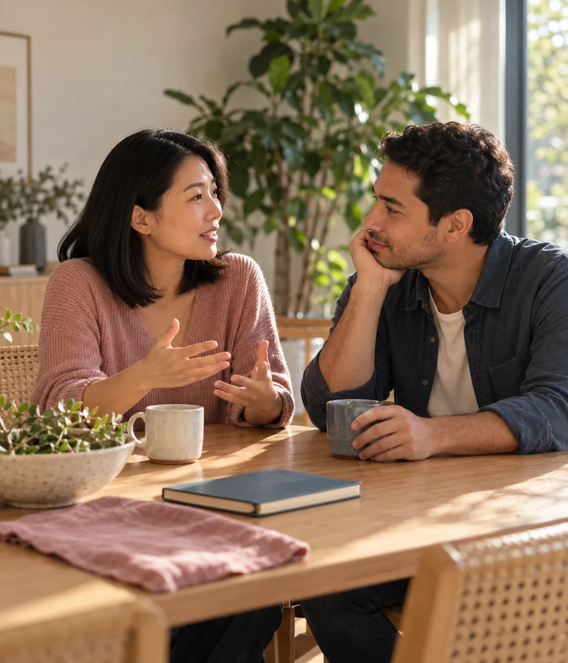 Casal conversa à mesa, com canecas e um caderno, em uma sala iluminada pelo sol.